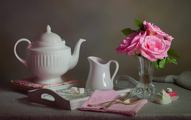 Food, Still Life, Cake, Rose, Sugar, Teapot, HD wallpaper