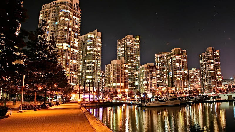 vancouver waterfront at night, city, boats, waterfront, lights, night, HD wallpaper