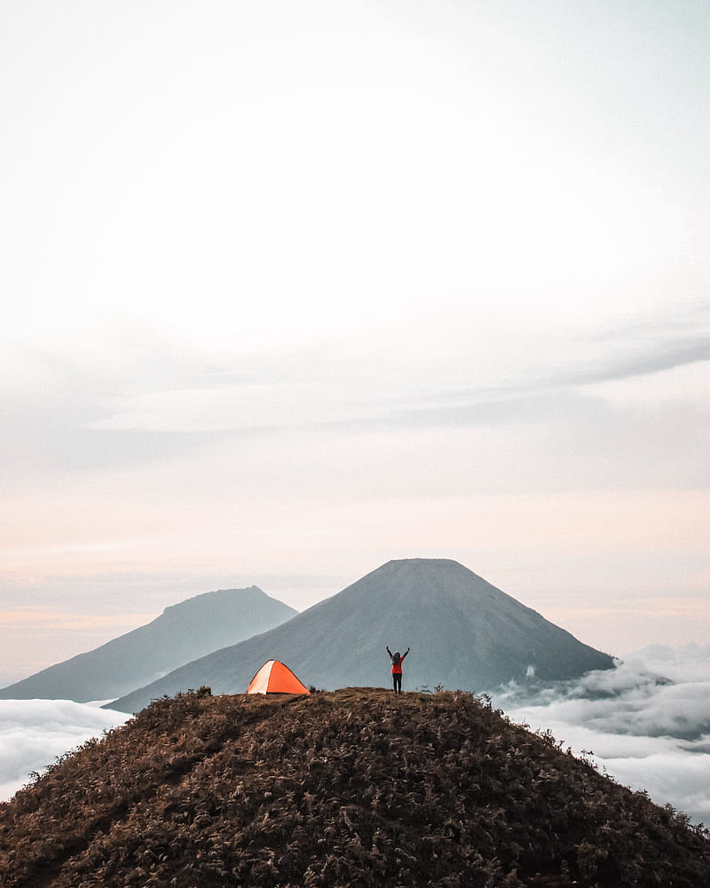 mountains, tent, person, camping, nature, HD phone wallpaper