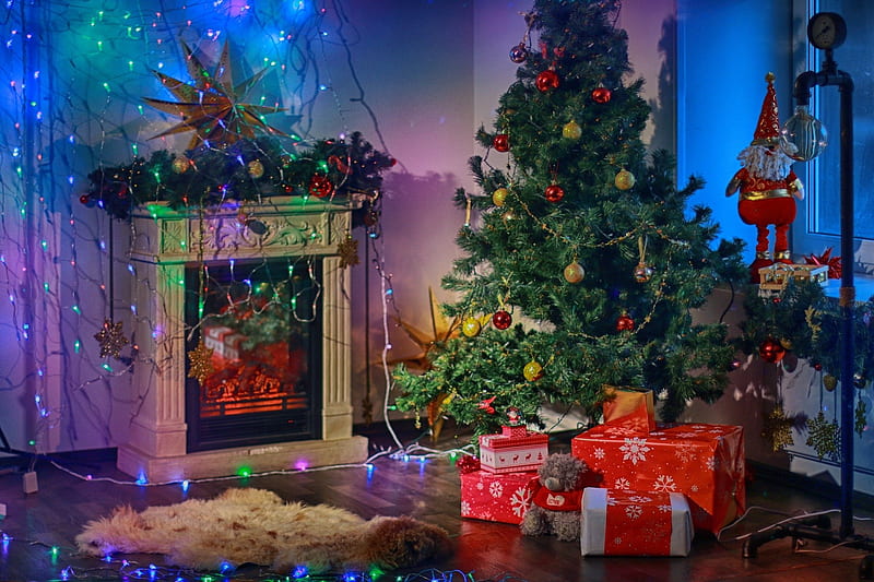 christmas interior, christmas, light, cosy, fireplace, interior, gifts, HD wallpaper