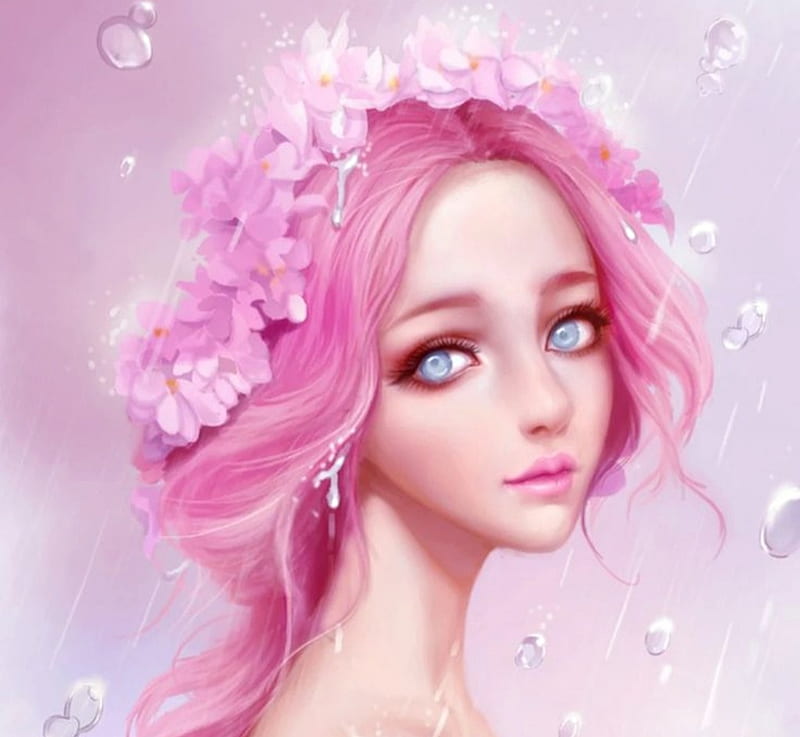 Beauty, luminos, fantasy, girl, bubbles, flower, rain, face, portrait, pink, blue, HD wallpaper
