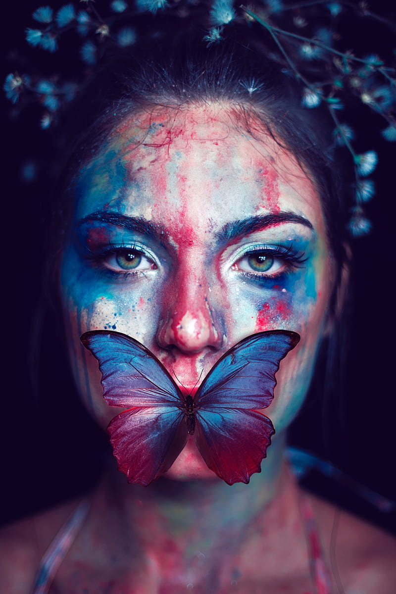 women, portrait, butterfly, colorful, face paint, HD phone wallpaper