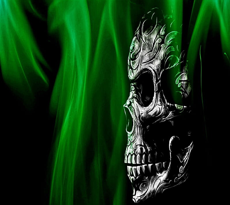 FlameSkull Green, flame, skull, HD wallpaper