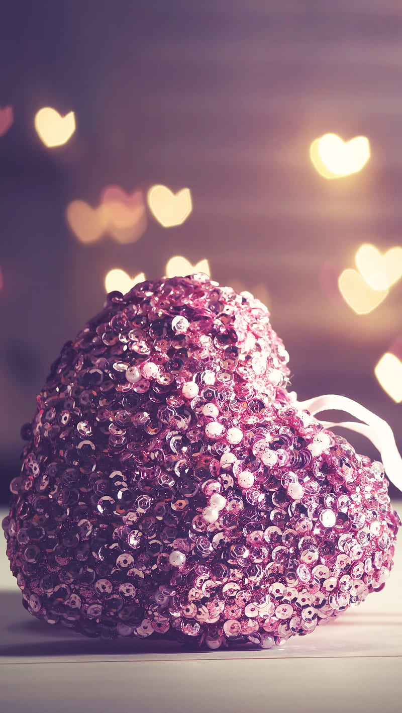 Pink Hearts, bokeh, cute, heart, love, pastel, sequins, HD phone wallpaper