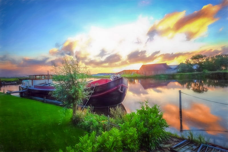 Dutch landscape, art, boat, Dutch, nature, sunset, landscape, HD wallpaper