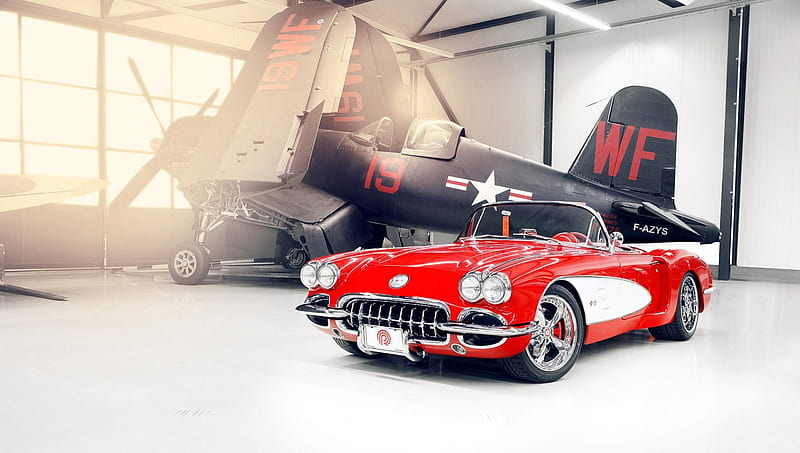 59' corvette convertible next to WII plane, convertible, plane, hanger, car, HD wallpaper