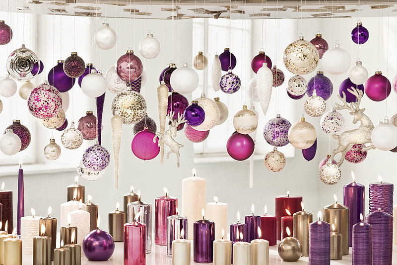 Christmas Showcase, showcase, christmas, golden, candles, festive, purple, globes, white, pink, HD wallpaper
