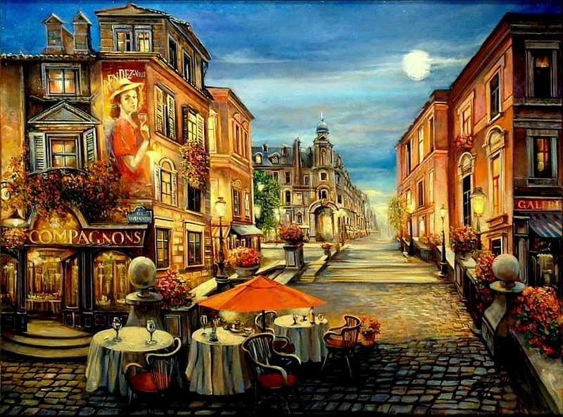 Moonlight Cafe, umbrellas, tables, full moon, buildings, cobblestone, flowers, street, tablecloths, HD wallpaper