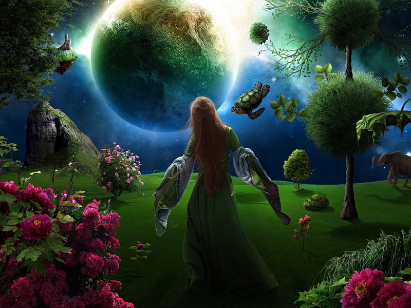 World of Imagination, fantasy, planet, green, flowers, nature, woman, animals, HD wallpaper
