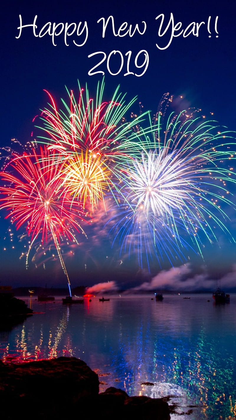 NewYearOverWater, happy new year, fireworks over water, fireworks, new year, 2019, celebration, HD phone wallpaper