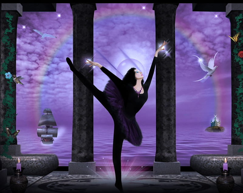 The Last Dancer, birds, woman, dancing, candles, fantasy, water, ship, dance, castle, HD wallpaper