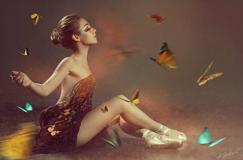Release Your Fears, ballerina, fearless, girl, expression, butterflies, HD wallpaper