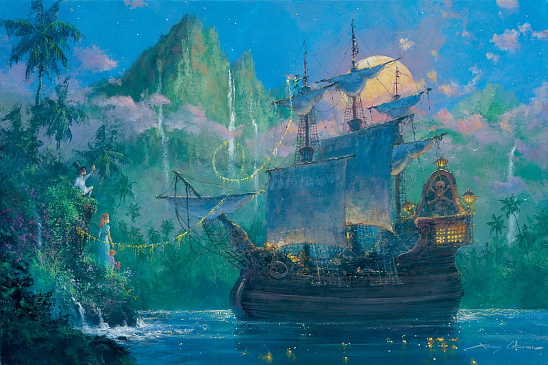 Peter Pan ~ The Ship, ship, moon, james coleman, blue, disney, art, luminos, sea, water, moon, fantasy, HD wallpaper