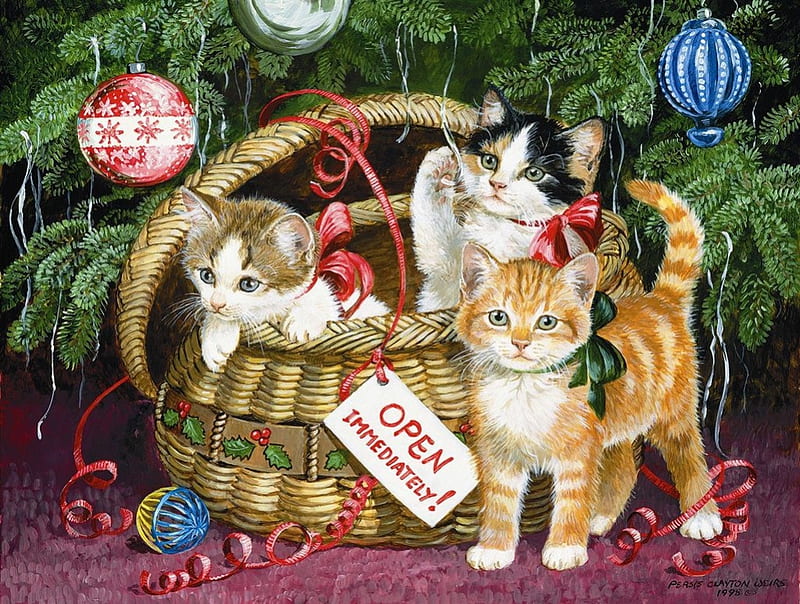 Christmas kittens, art, craciun, christmas, persis clayton weirs, pictura, cat, kitten, pisici, painting, HD wallpaper