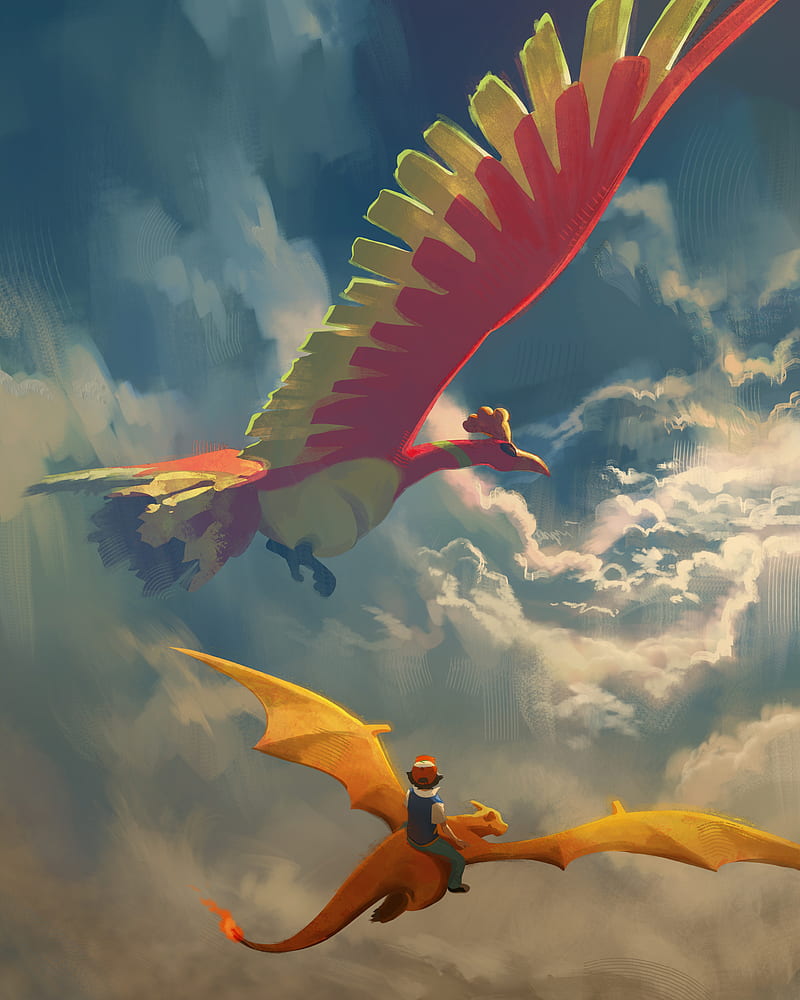 Ash finds Ho-Oh, sky, phoenix, pocket monsters, pokemon, fire, charizard, clouds, tamberella, HD phone wallpaper