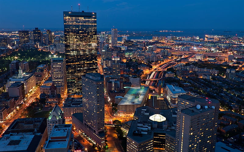 Boston, cityscape, night, skyscrapers, american city, Massachusetts, USA, HD wallpaper