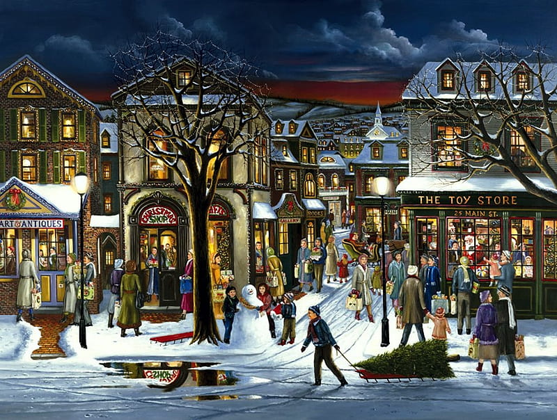 Christmas Time, christmas tree, snow, people, houses, town, painting, christmas decoration, artwork, HD wallpaper