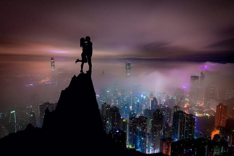 Kiss On Mountain Top Skycrappers Buildings Illustration, love, kiss, mountains, skycrapper, buildings, illustration, graphy, HD wallpaper