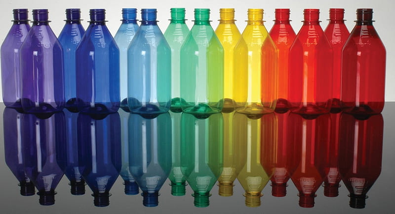 Rainbow Bottles, plastic bottles, reflection, rainbow colours, line, HD wallpaper