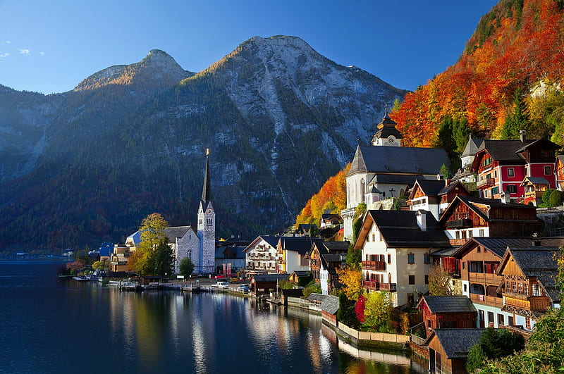 Hallstatt Austria, fall, mountains, houses, colors, trees, lake, HD wallpaper