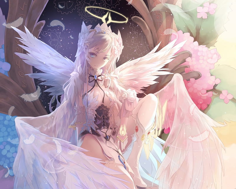 White Angel, pretty, dress, bonito, magic, wing, sweet, halo, nice, fantasy, anime, feather, hot, beauty, anime girl, long hair, gorgeous, female, wings, lovely, angel, sexy, girl, fantasy girl, magical, silver hair, HD wallpaper
