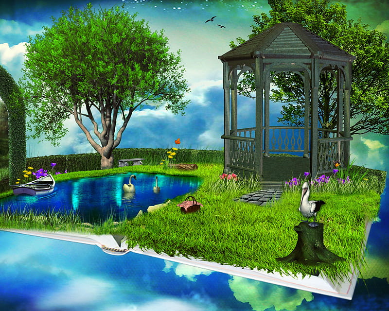✫Little Touch of Paradise✫, stunning, grass, ducks, attractions in dreams, seagull, boat, manipulation, pavilion, flowers, surreal, love four seasons, birds, creative pre-made, sky, trees, tree stump, water, cool, paradise, bonito, digital art, green, blue, animals, colors, swans, pond, plants, gardens, hawk, nature, gazebo, reflections, HD wallpaper