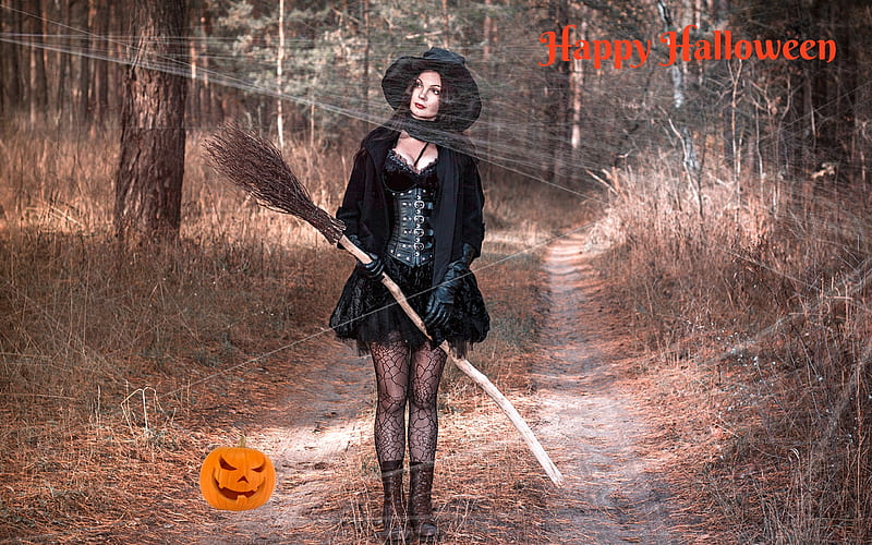 Happy Halloween Witch Brunette Model Broom Hd Wallpaper Peakpx