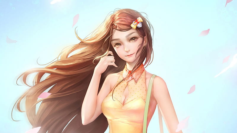 Girl, art, wind, manga, yellow, woman, anime, petals, blue, HD wallpaper