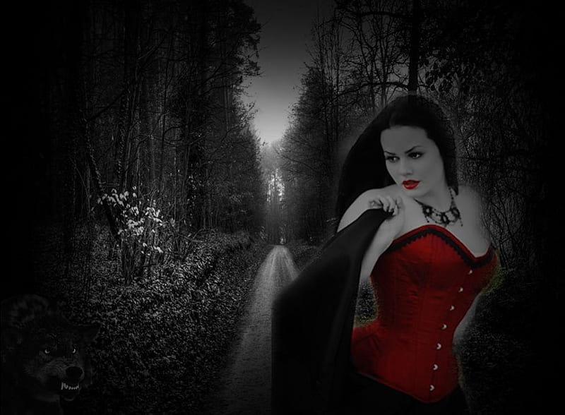 Fantasy Escape, red, forest, black, escape, woman, run, fright, animal, girl, scary, frightening, running, wolf, lady, white, HD wallpaper