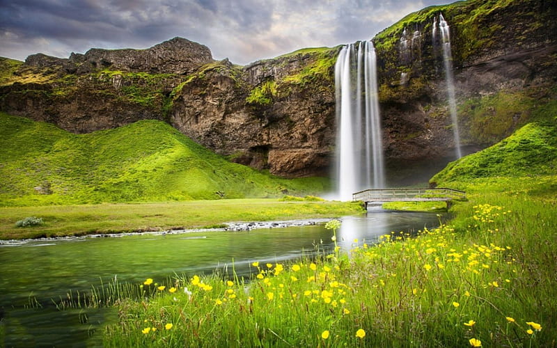 Splendid waterfall, Sky, bridge, Summer, yellow flowers, River, Hill, Nature, HD wallpaper