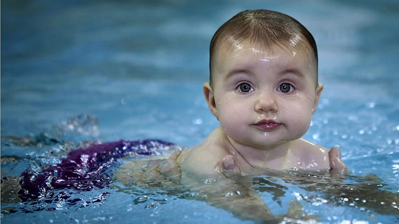 Cute Baby Is Swimming On Body Of Water Wearing Purple Shorts In A Blur Water Background Cute, HD wallpaper