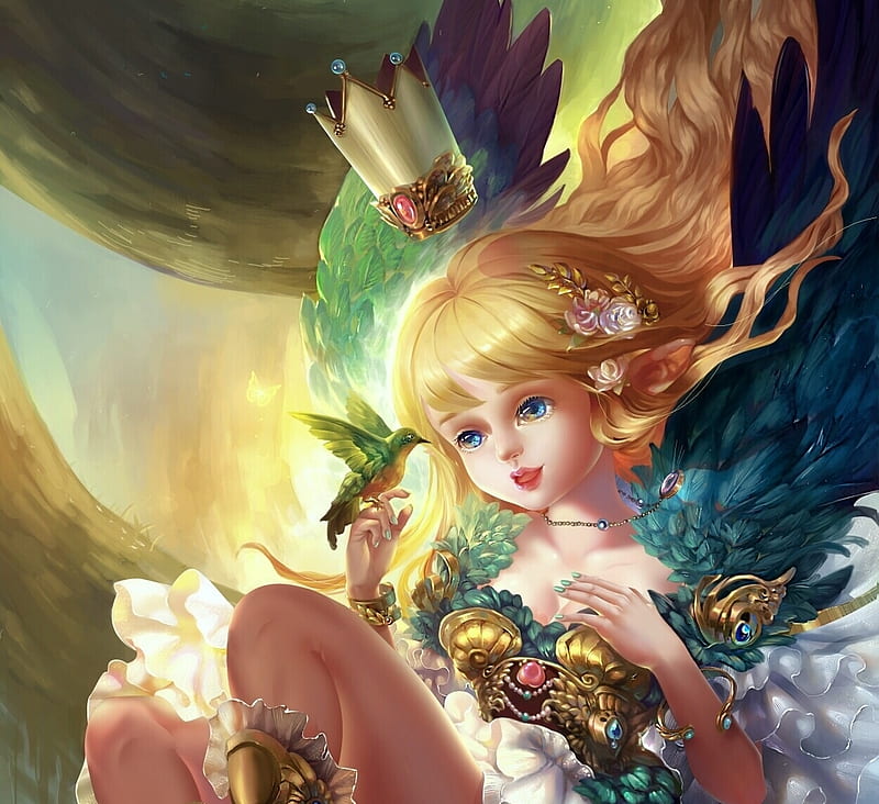 Magic Alice, magic, dreamyka, superb, fantasy, green, girl, bird, feather, crown, pasari, dreamy ka, gorgeous, blue, frumusete, wings, luminos, alice, angel, blonde, HD wallpaper