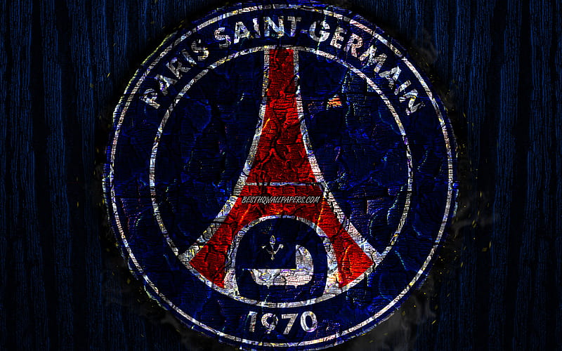 Paris Saint-Germain, scorched logo, Ligue 1, blue wooden background, french football club, PSG FC, grunge, football, soccer, PSG logo, fire texture, France, HD wallpaper
