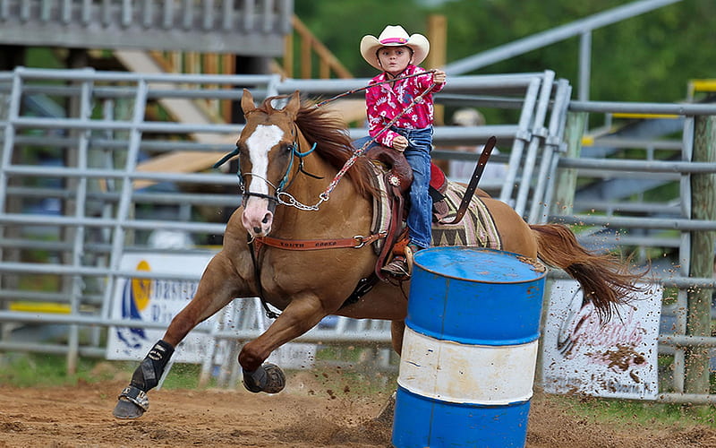 The Smallest Barrel Racer.., female, hats, cowgirl, boots, ranch, children, barrels, outdoors, horses, brunettes, rodeo, girls, western, kids, style, HD wallpaper