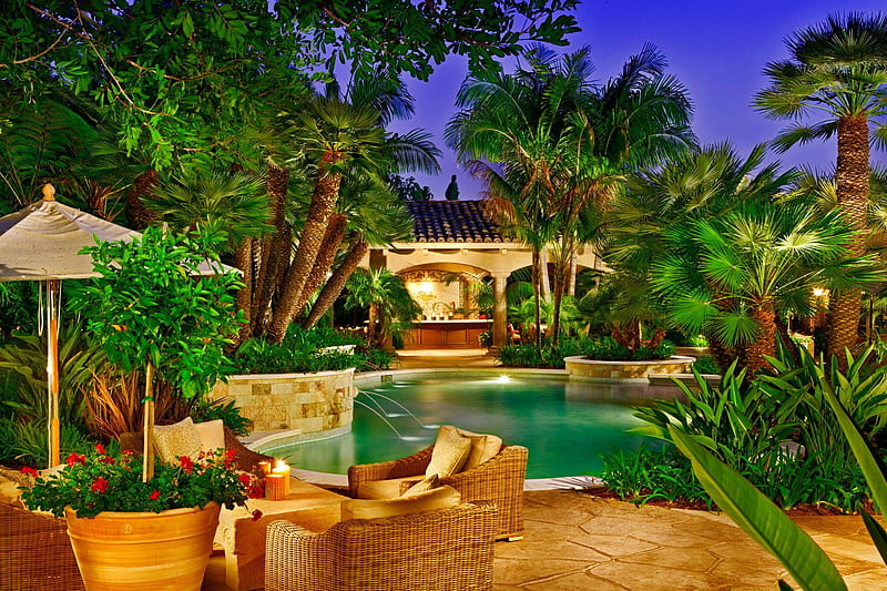 Romantic place for dinner, dinner, stream, resort, bar, palm trees, nice, flowers, drink, chair, evening, tropics, luxury, rest, umbrellas, lovely, fountain, holiday, relax, greenery, sky, pool, palms, travel, bonito, green, destination, cocktail, exotic, romantic, place, emerald, waters, pleasant, summer, nature, tropical, HD wallpaper