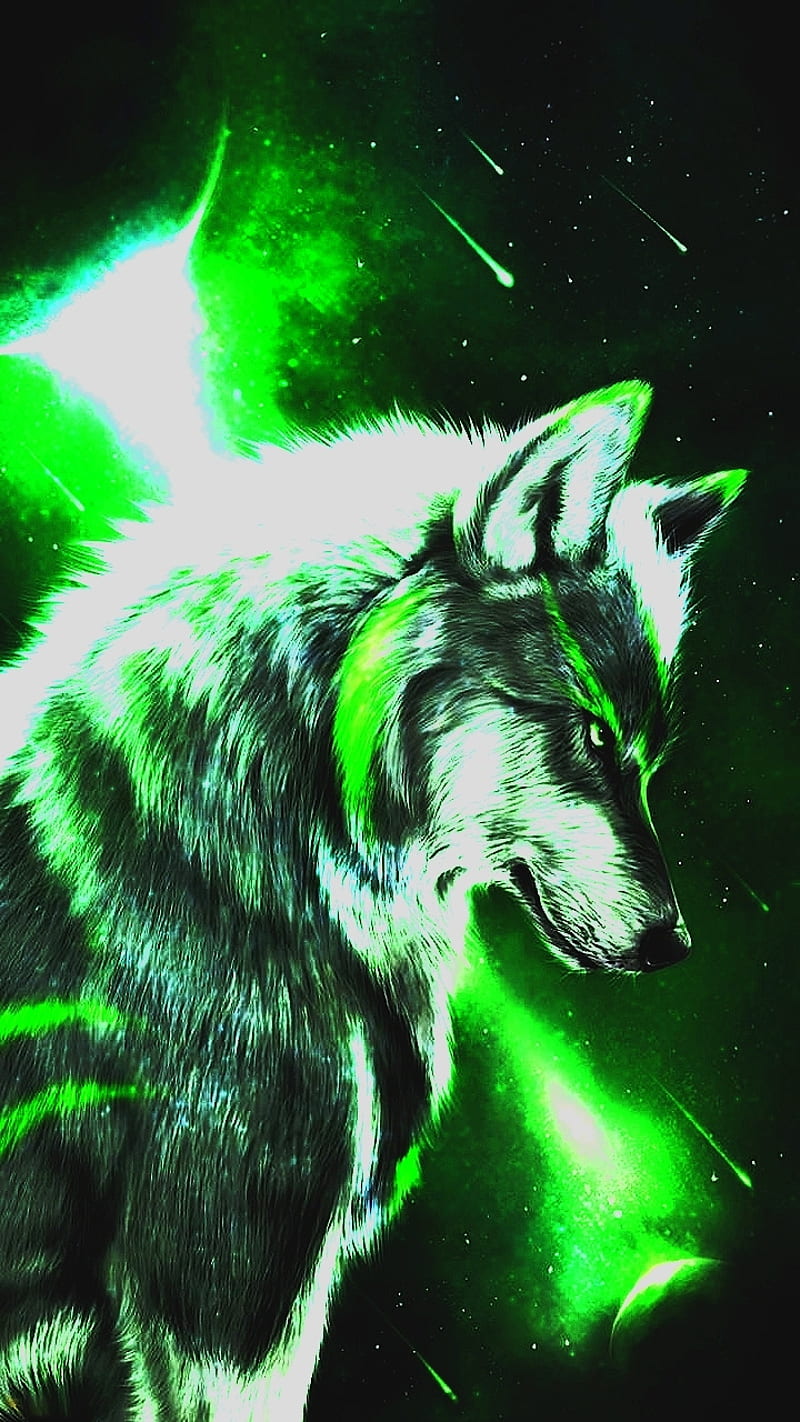 Space wolf green, moon, HD phone wallpaper