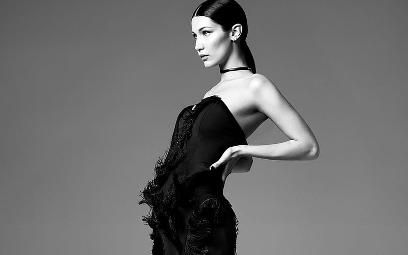 Bella Hadid, monochrome, beauty, supermodels, brunette, HD wallpaper