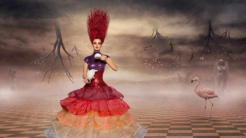 Red Queen, red, fantasy, alice, bird, queen, flamingo, cup, creative, HD wallpaper