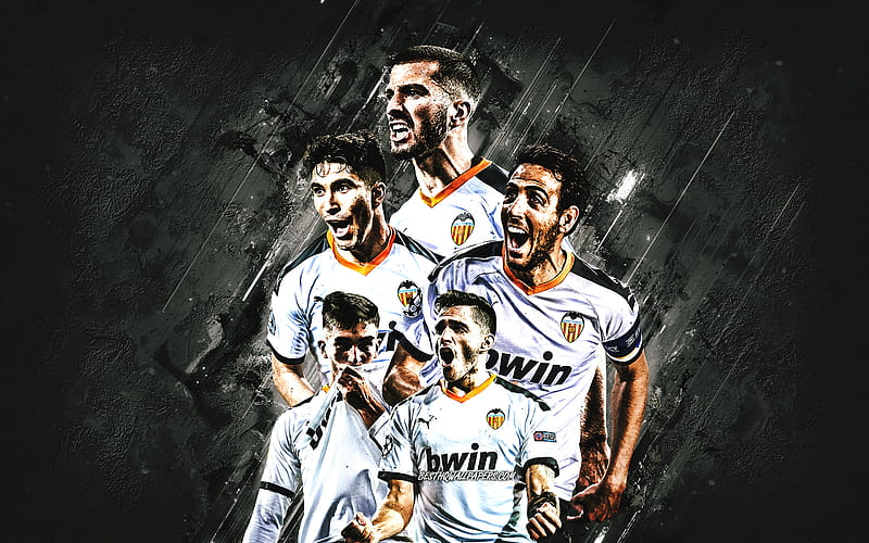 Valencia CF, spanish football club, Valencia CF players, Valencia, Spain, stone background, football, Ferran Torres, Maxi Gomez, HD wallpaper