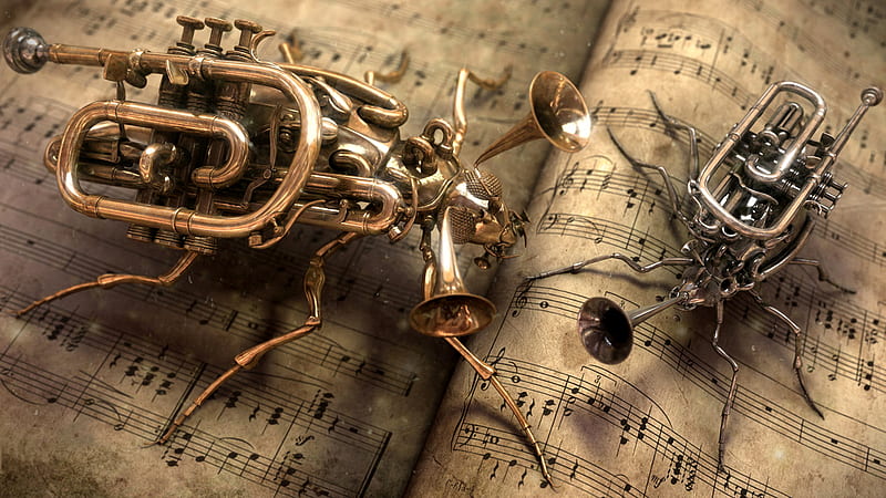 music insects, trompet, mozart, beethoven, 3d, music, insect, HD wallpaper
