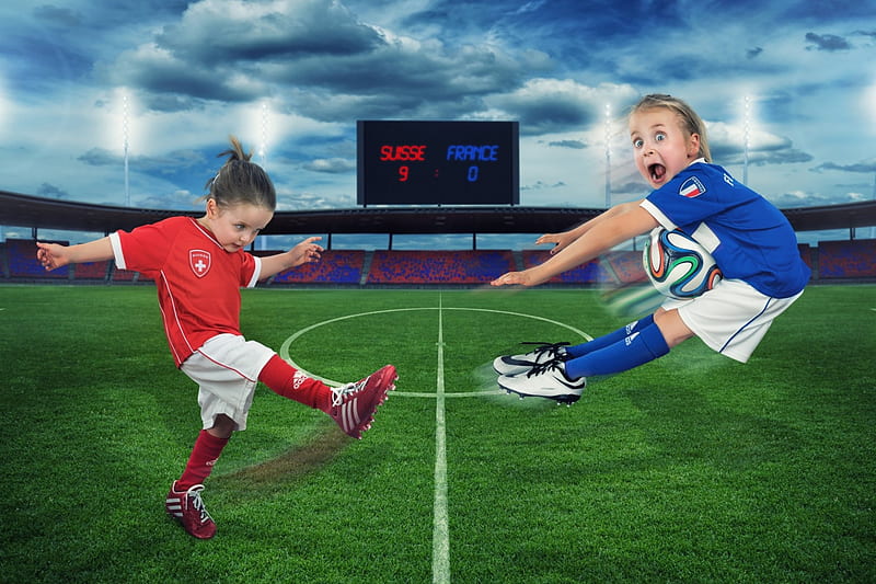 Foul!, red, arena, creative, copa, situation, cute, sport, girl, green, football, sister, child, stadion, blue, HD wallpaper