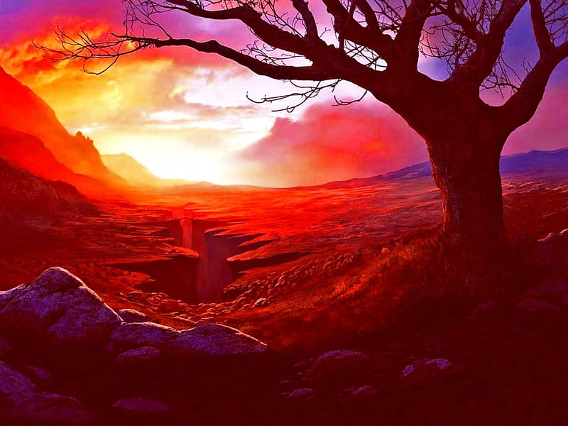 The Divide, sunset, fantasy, landscape, dark, HD wallpaper