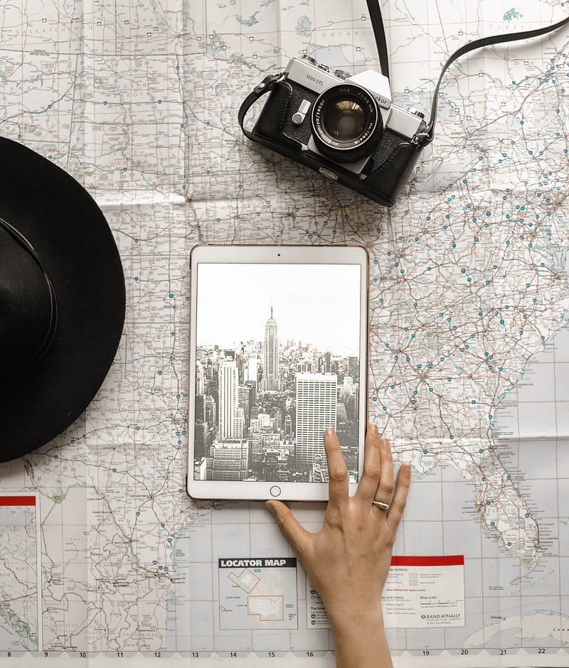 Flat Lay graphy of Person Touching Silver Ipad on World Map Chart Beside Black Hat, HD phone wallpaper
