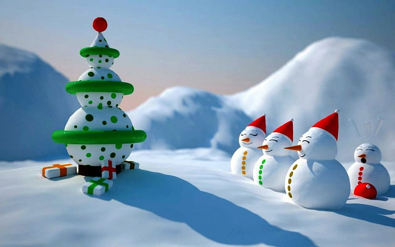 Christmas Snowmen, Tree, Hat, Snowmen, Christmas, Red Buttons, Snow, HD wallpaper