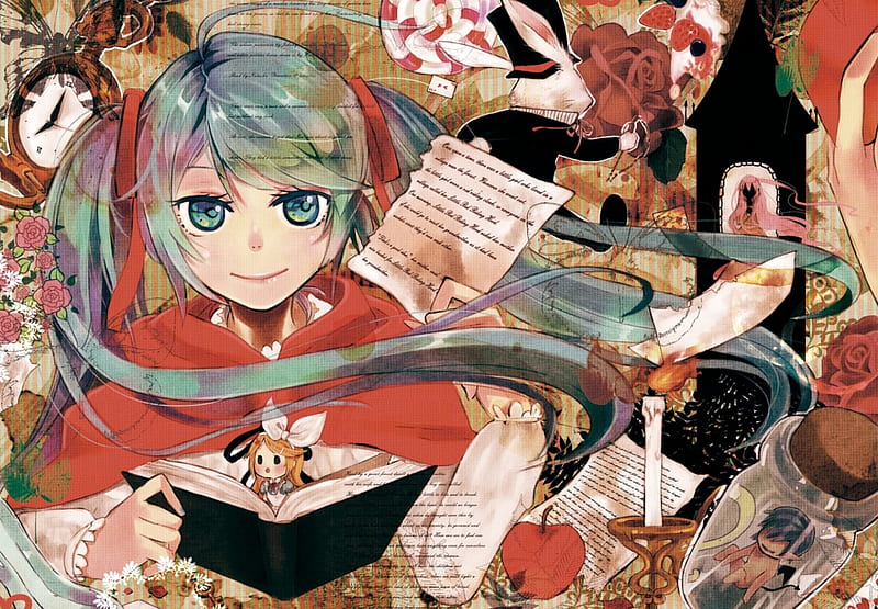 ~Once Upon A Time~, apple, vocaloid, classics, hatsune miku, pages, stories, book, roses, rin kagamine, megurine luka, alice in wonderland, fantasy, anime, characters, white rabbit, HD wallpaper