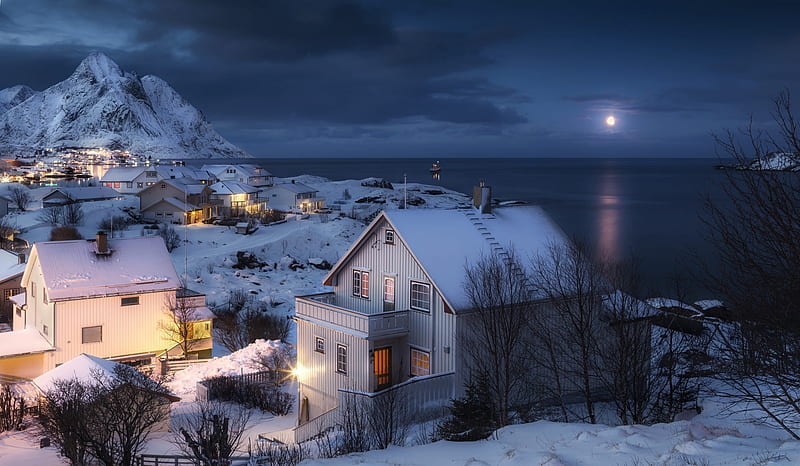 The Lofoten lsland, Ship, Mountains, Home, Moon, Evening, Wit, Winter, HD wallpaper