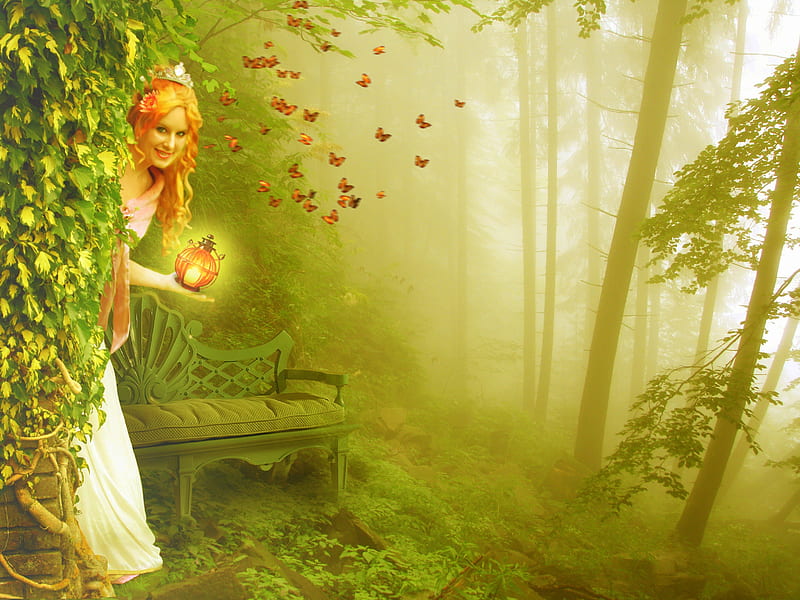 **The Treasure Hunt**, pretty, wonderful, grass, conceptual, women, fog, fantasy, flutter, splendor, manipulation, love, flowers, beauty, forests, face, wings, lovely, models, lips, trees, softness, cute, cool, flying, eyes, colorful, cottage, lantern, bonito, digital art, hair, leaves, gentle, hunt, treasure, girls, magnificent, light, animals, amazing, female, colors, butterflies, mist, plants, tender touch, HD wallpaper