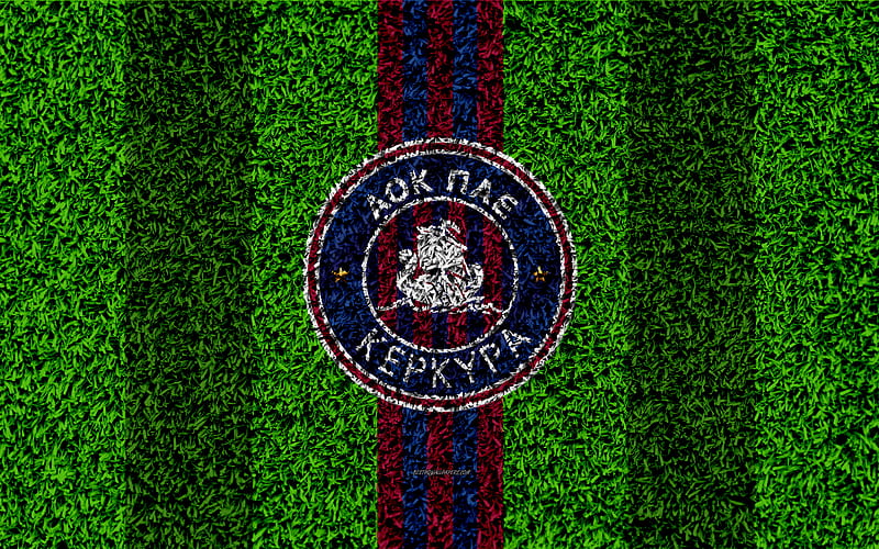 Kerkyra FC, logo football lawn, Greek football club, purple blue lines, grass texture, Corfu, Greece, Superleague Greece, football, PAE Kerkyra, HD wallpaper