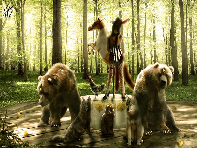 Animal Godess, forest, girl, nature, godess, animals, HD wallpaper