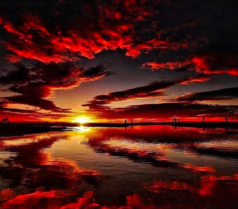 Red Sunset, Sun, Sunset, Nature, Water, Red, Clouds, HD wallpaper